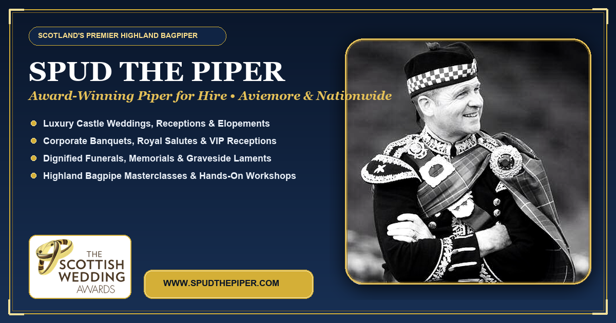 Spud the Piper performing in full Highland Regalia in Scotland